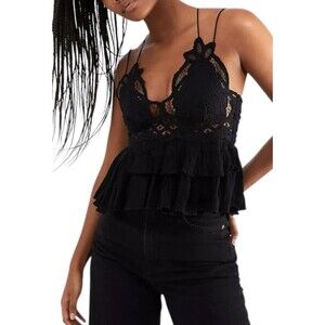 Free People Women Adella Cami Lace Ruffled Tank Top Black Size L Festival Boho